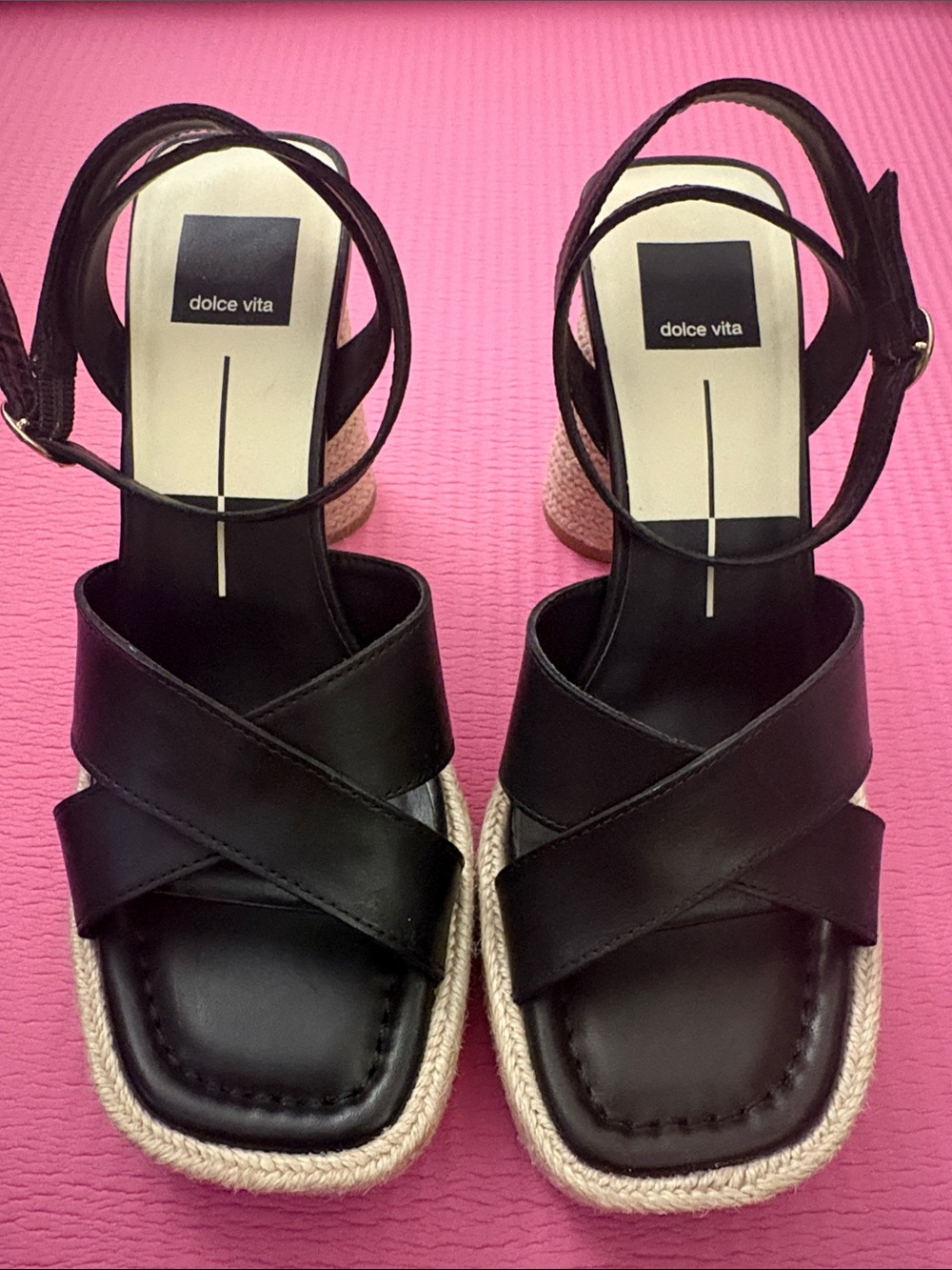 Dolce Vita Black Leather Espadrille Wedge Sandals
